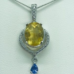 Silver Oval Fluorite & Pear Shape Tanzanite Pendant & 20” Long Cable Chain